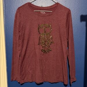 Time and Tru Women's Long Sleeve Berry Tee with Glitter Owl